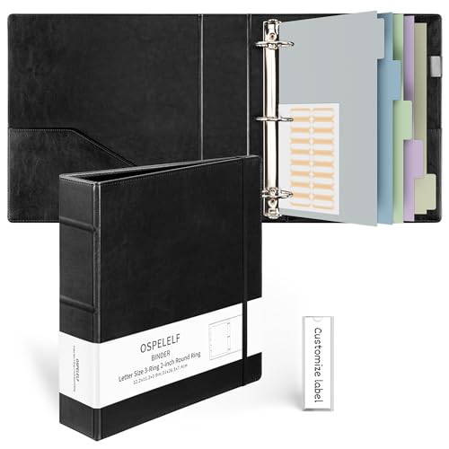 Ospelelf Vintage Hardcover 3 Ring 2 inch Leather Binder, Professional Binders Organizer Suitable for Letter Size Documents, Binder Dividers with Tabs, Black - color: Black, size: Letter Size - 2 Inch Ring
