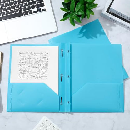 Yeaqee 60 Pcs Plastic Folders with Pockets and Prongs Plastic Folder 2 Pockets 3 Prongs with Card Slot for Office, School for Students, Teachers, Office Workers (Light Blue) - color: Light Blue