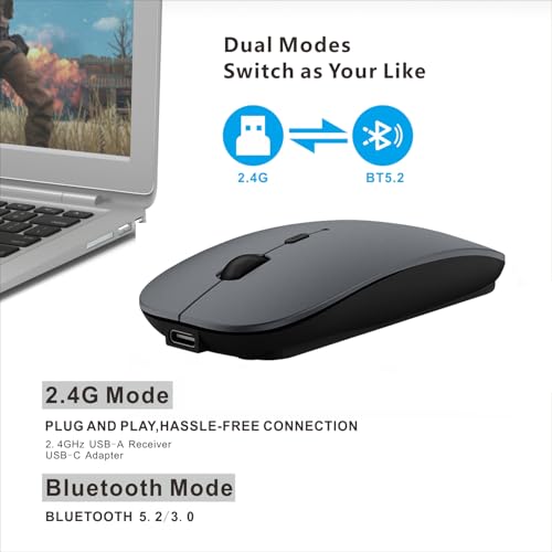HOTDREAM Bluetooth Wireless Rechargeable Mouse for MacBook Pro/Air/iPad Air/iPad Pro/Laptop/Tablet/iPhone/PC, Bluetooth 5.2/3.0 and 2.4GHz Dual Mode Mouse (Gray) - color: Gray