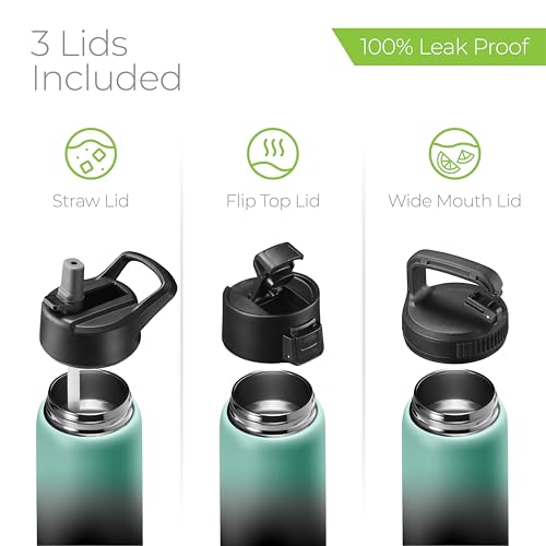 SipX™ 25 oz Insulated Water Bottle with 3 Lids – Leakproof Stainless Steel, Triple Insulated – Cold 24 Hours/Hot 12 Hours – Durable Bottle for School, Gym, Travel – Gradient Mint Black - color: Gradiant Mint Black, size: 25 Ounces