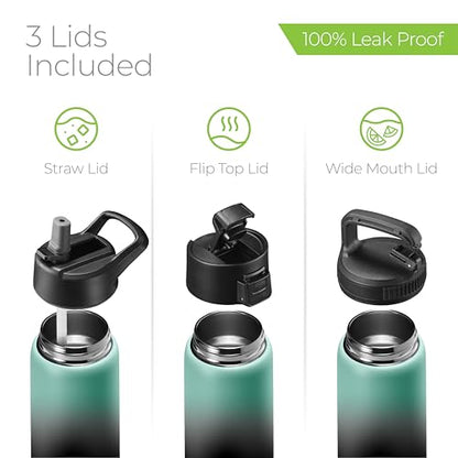 SipX™ 25 oz Insulated Water Bottle with 3 Lids – Leakproof Stainless Steel, Triple Insulated – Cold 24 Hours/Hot 12 Hours – Durable Bottle for School, Gym, Travel – Gradient Mint Black - color: Gradiant Mint Black, size: 25 Ounces