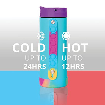 Elemental Iconic Kids Water Bottle with Straw Lid & Stress Relief Pop It Handle, Leak-Proof When Closed, Triple Insulated Kids Stainless Steel Water Bottle For Girls and Boys, 14oz - Blue Tie Dye - color: Blue Tie Dye, size: 14 Ounces