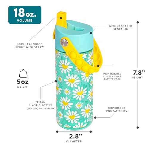 Elemental Water Bottles for Kids - Splash Kids Water Bottle for School with Pop-it Handle - BPA Free Tritan Plastic Water Bottle with Straw Leak Proof when Spout is Closed - Daisy Heart - 18oz - color: Daisy Heart Robin's Egg
