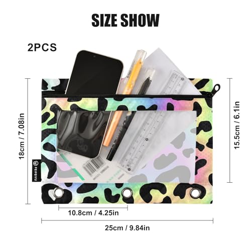 Pencil Pouch for 3 Ring Binder Trendy Neon Leopard Binder Pencil Case with Smooth Zipper Clear Window Pencil Case 2 Pack for Office School College Supplies - color: Trendy Neon Leopard
