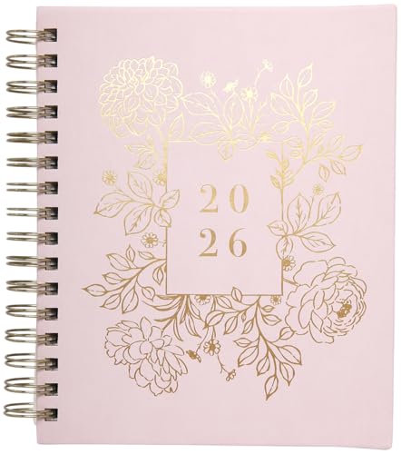 WORLD TRAVELER 2026 Planner Weekly & Monthly Hardcover Spiral Agenda | Hardcover Spiral Lay-Flat Binding, Weekly and Monthly Planning Pages, January to December 2026, 7x8.75 Compact Format - color: White/Golden Peony