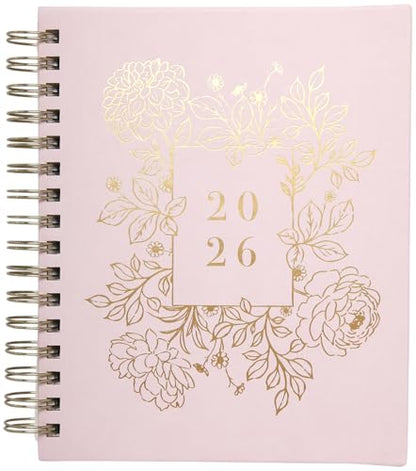WORLD TRAVELER 2026 Planner Weekly & Monthly Hardcover Spiral Agenda | Hardcover Spiral Lay-Flat Binding, Weekly and Monthly Planning Pages, January to December 2026, 7x8.75 Compact Format - color: White/Golden Peony