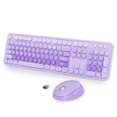 Wireless Keyboard and Mouse Set, Retro Typewriter Keyboards, 2.4GHz Full Size 104-Key Cute Keyboard with Number Pad, Colorful Keyboard with Round Keycaps for Windows PC Laptop(Purple) - color: Purple white
