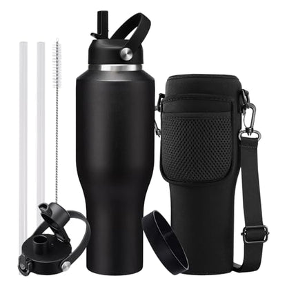 40 OZ Stainless-steel Insulated Water Bottles - Cold 48H & Hot 24H, Leak-Proof Metal Water Flask with Sleeve, Protective Boot, BPA Free Vacuum Insulated 40oz Water Bottle Fits In Cup Holder - color: Black, size: 40 Ounces