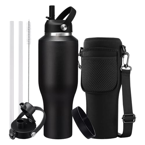 40 OZ Stainless-steel Insulated Water Bottles - Cold 48H & Hot 24H, Leak-Proof Metal Water Flask with Sleeve, Protective Boot, BPA Free Vacuum Insulated 40oz Water Bottle Fits In Cup Holder - color: Black, size: 40 Ounces