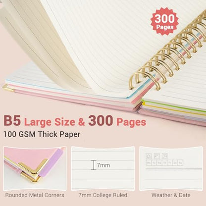 Hardcover Spiral Journal Notebook, 300 Pages 5 Subject Notebook College Ruled with Removable Dividers Tabs, 8" x 10" Notebooks for Work, Spiral Ruled Lined Writing Journal Hardcover Leather Notebook for School (Purple marble, 8''x 10'') - color: Purple ma