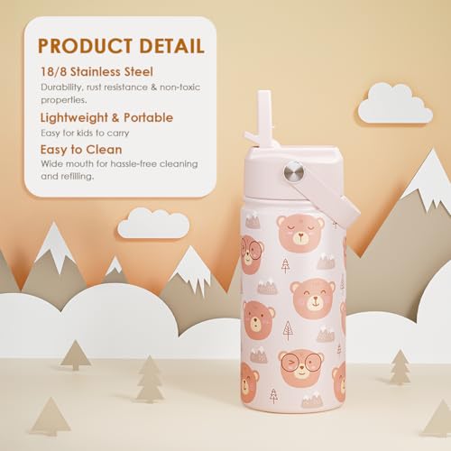 SANDJEST Bear Kids Water Bottle With Straw Lid 12oz Insulated Stainless Steel, Travel Tumbler, Bear Gifts For Boys Girls, Birthday, Christmas, Back To School - color: Bear 1