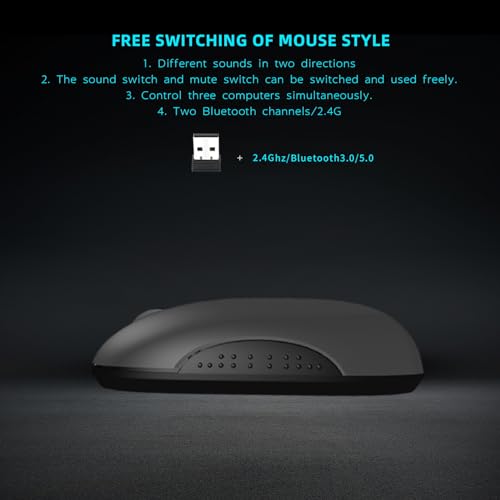 ONE-UP Wireless Mouse, 2.4G, Bluetooth5.0/3.0, Sound and Quiet Click, USB Nano Receiver, for Laptop, Chromebook, PC, Mac, Windows (Gray)
