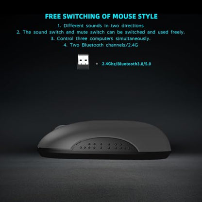 ONE-UP Wireless Mouse, 2.4G, Bluetooth5.0/3.0, Sound and Quiet Click, USB Nano Receiver, for Laptop, Chromebook, PC, Mac, Windows (Gray)