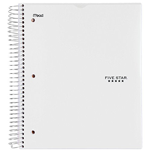 Five Star Spiral Notebook, 5 Subject, College Ruled Paper, 200 Sheets, 11" x 8-1/2", Customizable Cover, White (38012) - color: 05 White