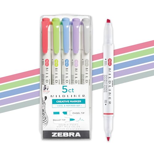 Zebra Pen Mildliner Dual-Tip Highlighter Set, Broad and Fine Tips, No Bleed, Ideal for Bible Highlighting, Journaling and Note-Taking, Assorted Cool and Refined Ink Colors, 5-Pack (78205) - color: Cool and Refined A