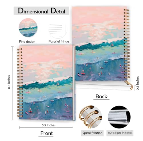XUNLURY Ocean Beach Notebook, Pink and Blue Surfing Beachy Aesthetic Journal, Summer Coastal Ocean Journal, Beach Lover Gifts Hardcover Spiral Notebooks, 5.5x8.3 Inch - color: Color_C