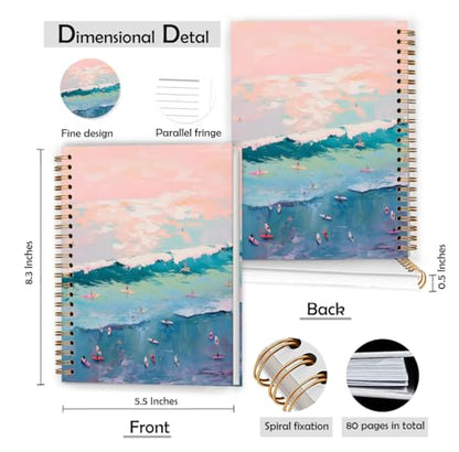 XUNLURY Ocean Beach Notebook, Pink and Blue Surfing Beachy Aesthetic Journal, Summer Coastal Ocean Journal, Beach Lover Gifts Hardcover Spiral Notebooks, 5.5x8.3 Inch - color: Color_C