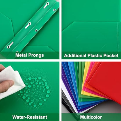 Cholemy 72 Packs Pocket Folders with Prongs Heavy Duty Plastic Folder with Business Card Slot 3 Prong Fasteners for School Office (Rainbow) - color: Rainbow