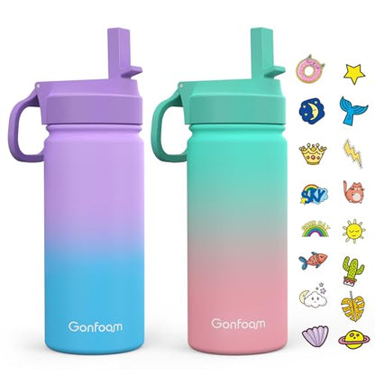 Gonfoam 16oz Kids Stainless Steel Insulated Water Bottle, 2 Pack | DIY Stickers, BPA-free, Leak-proof, Sturdy, Keeps Cold 24h, Easy to Carry, Easy to Clean, Back to School, Gifts - color: Purple+Green, size: 16 Ounces