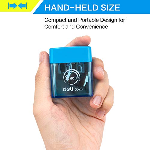 Deli Pencil Sharpener, Manual Pencil Sharpeners, Dual Holes with Lid, Random Color