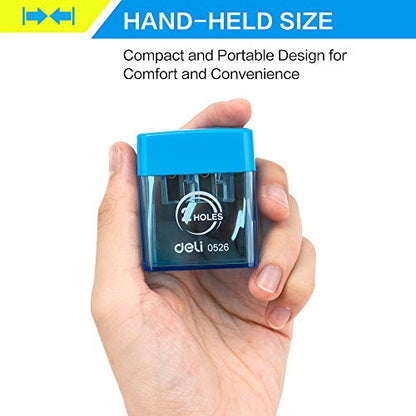 Deli Pencil Sharpener, Manual Pencil Sharpeners, Dual Holes with Lid, Random Color
