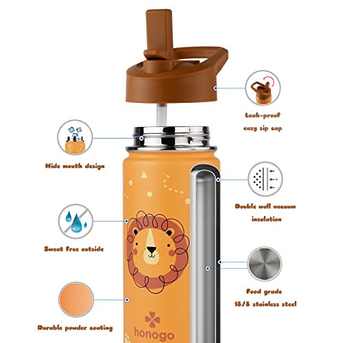 16 oz Stainless Steel Insulated Kids Water Bottle, Leak Proof Metal Thermal Flask with Straw lid, Cute Toddler Tumbler Cup for School Girls & Boys (Lion, Orange) - color: Lion, Orange