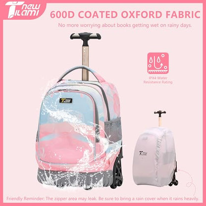 NEW TILAMI 16 Inch Rolling Backpack with Lunch Bag for Kids Adjustable Handle Carry-on Suitcase Wheels for Girls Boys School Travel Camping, Pastel Pink - Blue - color: Pastel Pink - Blue