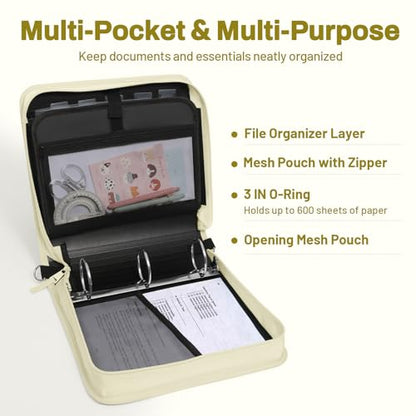 SUNEE Zipper Binder 3 Ring, 3 Inch O-Ring with Handle and Shoulder Strap, 600-Sheet Capacity, 5-Tab Expanding File Folder, Multi-Pockets for Middle School Organizer Binder with Zipper, Soft Beige - color: Soft Beige