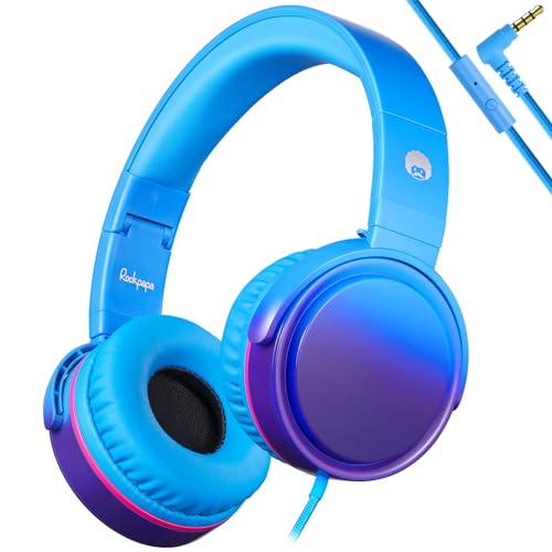 rockpapa Grade Wired Headphones with Microphone, Lightweight Foldable Stereo Bass Headphones with No-Tangle Cord & 3.5mm Jack for Adult/Kids, Laptop Tablet Airplane Chromebooks Blue - color: Blue