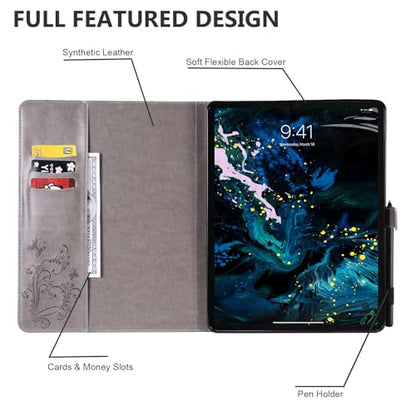 Dteck Wallet Case for iPad Air 13 Inch M2 2024 & iPad Pro 12.9 2022/2021/2020/2018 with Pencil Holder,Embossed Butterfly Auto Sleep/Wake PU Leather Smart Stand Girls Cute Folio Pocket Cover,Gray - color: 10 Gray