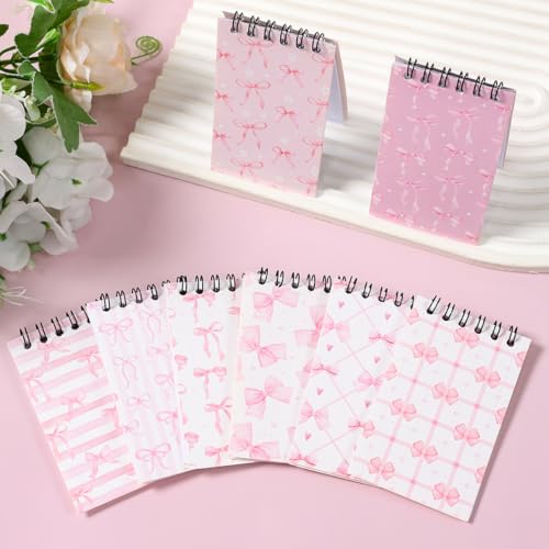 8 Pcs Mini Pink Bow Spiral Notebooks 3.9 x2.4 Inch, Cute Coquette White Pink Aesthetic Journal Lined Memo Pad with Different Bow Design, Preppy Top Spiral Notebook for Women Birthday Party Gifts Home - color: Pink Bow