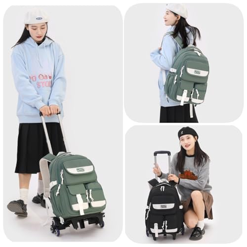 Rolling Backpack for Girls, Roller Backpack with Wheels for Boys, Kids Trolley School Bags Wheeled Bookbag on 6 Wheels, Green - color: 6 Wheels-green