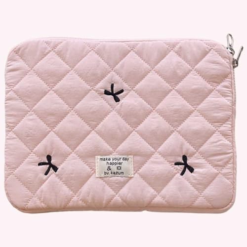 Cute Puffy Laptop Sleeve 13 Inch, Quilted Protective Case with Bow Embroidery, Coquette Y2K Preppy Kawaii Aesthetic Bag for 13” 14" Mac-Book & Laptops - color: Light Pink-Bow