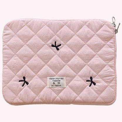 Cute Puffy Laptop Sleeve 13 Inch, Quilted Protective Case with Bow Embroidery, Coquette Y2K Preppy Kawaii Aesthetic Bag for 13” 14" Mac-Book & Laptops - color: Light Pink-Bow