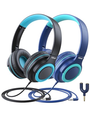 iClever 2Pack Kids Headphones with Sharing Splitter - 85dBA Safe Volume Limited - HS22 Wired Headphones for Kids Teens, Tangle-Free 3.5mm Jack Foldable Stereo Headphone for School/Tablet/Travel - color: Navy Blue & Black