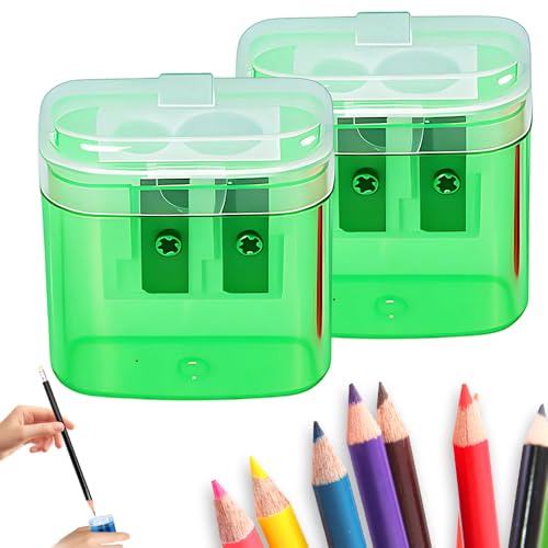 2 Packs Pencil Sharpeners with Lid, Dual Holes Compact Colored Handheld Pencil Sharpener, Colored Handheld Pencils Sharpener for Adults Students Classroom Office Back to School Supplies (2PCS Green) - color: 2pcs Green