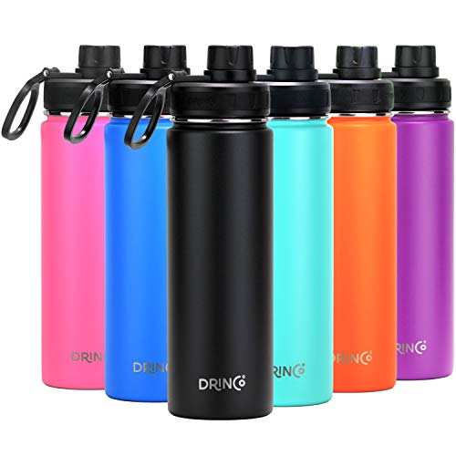 Drinco Stainless Steel Water Bottle Spout Lid Vacuum Insulated Double Wall Water Bottle Wide Mouth (40oz 32oz 22oz 18oz 14oz) Leak Proof Keep Cold Sport Camping Hiking (22 oz, 22oz Black) - color: 22oz Black, size: 22 Ounces