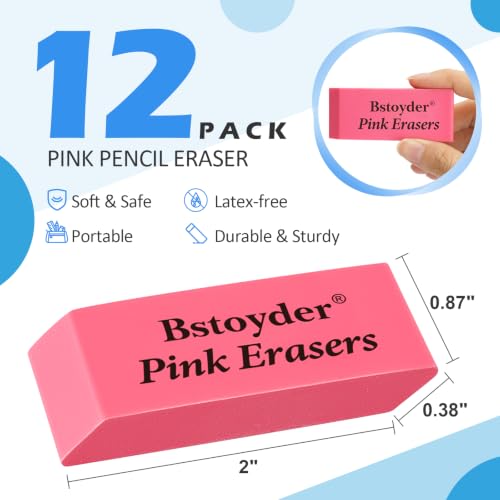 12 Rubber Pencil Erasers Bulk for School/Office, Latex-Free Smudge-Free Soft Bevel Erasers for Students, Bulk School Supplies for Classrooms, Teachers, Home, Office, Art Class
