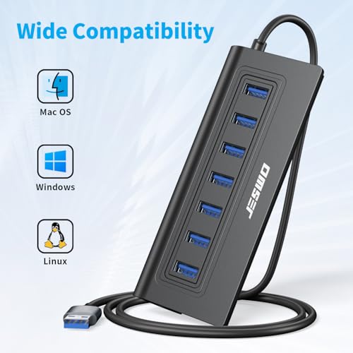 Powered USB Hub, JESWO 7-Port USB 3.0 Hub, Aluminum USB Data Hub with 3.3ft Cable, USB Hub 3.0 Powered with 20W Power Adapter for MacBook, Mac Pro/mini, iMac, XPS, PC, USB-Flash Drives, etc. (Black) - color: Black