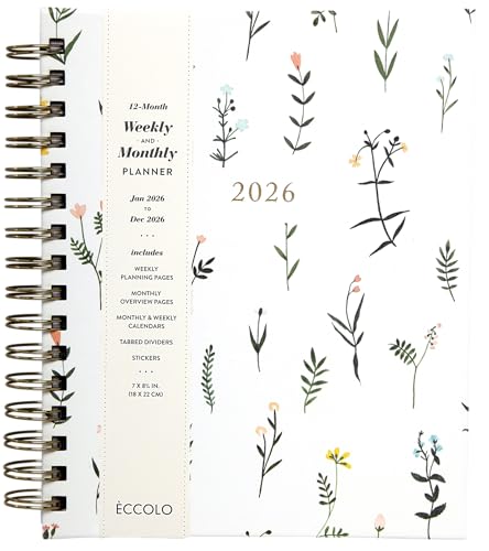 WORLD TRAVELER 2026 Planner Weekly & Monthly Hardcover Spiral Agenda | Hardcover Spiral Lay-Flat Binding, Weekly and Monthly Planning Pages, January to December 2026, 7x8.75 Compact Format - color: White Wild Flower