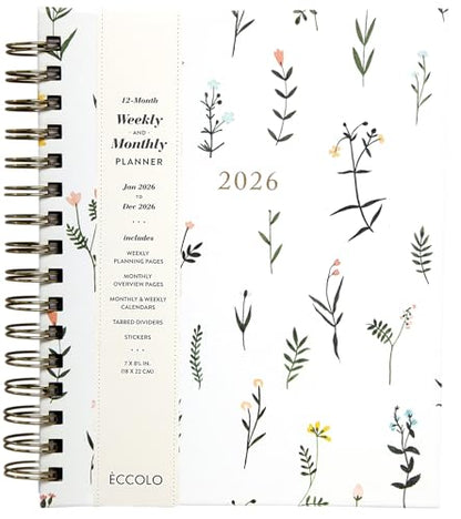 WORLD TRAVELER 2026 Planner Weekly & Monthly Hardcover Spiral Agenda | Hardcover Spiral Lay-Flat Binding, Weekly and Monthly Planning Pages, January to December 2026, 7x8.75 Compact Format - color: White Wild Flower