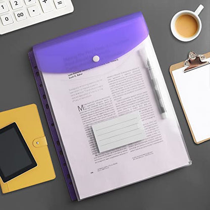 12 Pack Plastic Envelopes Binder Pocket 11 Holes Expandable Binder Folders for 2/3/4 Ring Document Pouch with Snap Button & Label Loose-Leaf Transparent for School Home Office (Vertical-Opening)