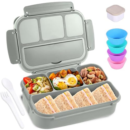 Bento Box Adult Lunch Box, Lunch Containers for Kids Girls Boys with 4 Compartments, Lunchable Food Container with Utensils, Sauce Jar, Muffin Liners, 40 Oz/5 Cup, Microwave & Dishwasher Safe, Gray - color: Gray