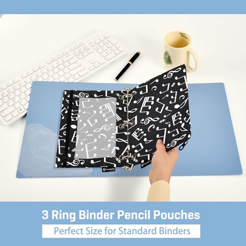 Fisyme White Music Notes Pencil Pouch for 3 Ring Binder Pencil Case Pencil Bag Zipper Pouch with Clear Window for Office 2 Pack