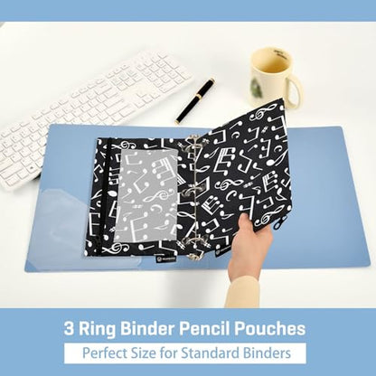 Fisyme White Music Notes Pencil Pouch for 3 Ring Binder Pencil Case Pencil Bag Zipper Pouch with Clear Window for Office 2 Pack