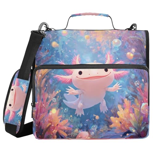 Cute Axolotl Print 3 Ring Zipper Binder with Shoulder Strap & Handle 2 Inch D-Ring Zippered Binder Bag with Multiple Pocket & Pencil Pouch, Binder Organizer for School or Office - color: Cute Axolotl