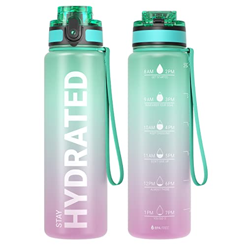 Sahara Sailor Water Bottle, 32/25/17oz Durable and Leakproof Water Bottles Motivational with Time Marker, Tritan, BPA Free, Wide Mouth with Easy Clean Brush for Gym, Travel, School, Office (1 Bottle) - color: Bubble Gum, size: 25.4 Ounces
