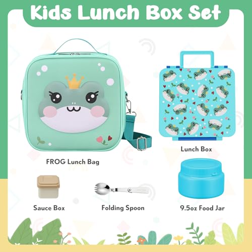 Kids Bento Box - 4 Compartment, Leak-Proof, with Soup Thermo | 9oz Soup Thermo Included, Insulated Lunch Bag, For Boys & Girls, School & Travel - color: Frog-Blue
