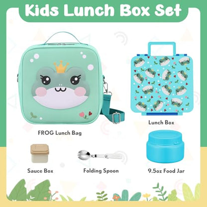 Kids Bento Box - 4 Compartment, Leak-Proof, with Soup Thermo | 9oz Soup Thermo Included, Insulated Lunch Bag, For Boys & Girls, School & Travel - color: Frog-Blue