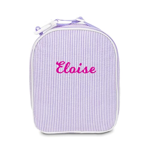 MT WORLD Personalized Lunch Bag Tote Custom Embroidery Name Reusable Seersucker Stripe Pattern Insulated Lunch Box - color: Purple